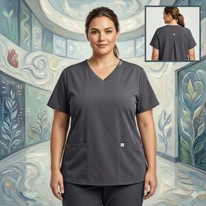 Fabletics Scrub Top Womens 3X Gray V-Neck Performance Stretch TS2253849-0770